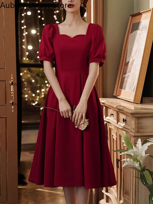 Elegant Red Midi Dress Women Summer Vintage Evening Party Dress Casual Fashion Formal Occasions One Piece Dress