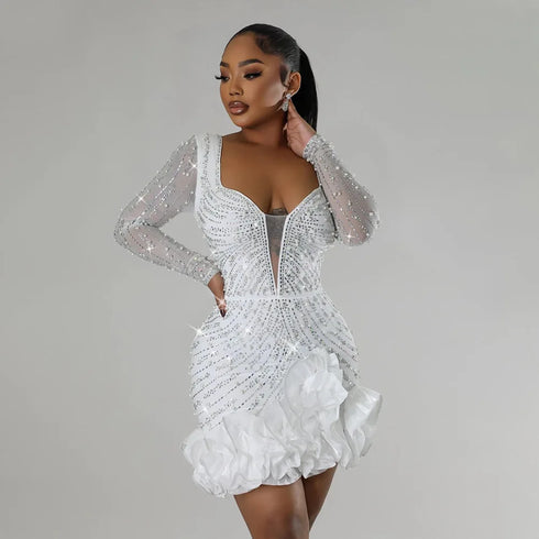 Long Sleeve V Neck Transparent Club Dress with Diamonds