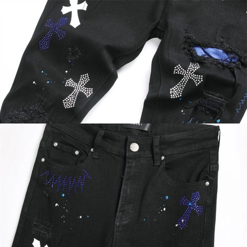 Men's Luxury Diamond Cross Jeans with Embroidered Leather Splice and Reflective Detailing - Perfect for High Street Style and Unique Fashion Statements