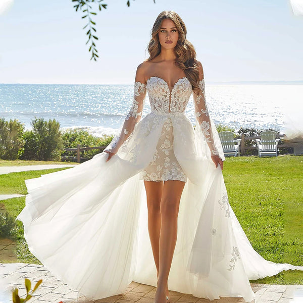 Popular Sweetheart Full Lace Short Sheath Wedding Dresses With Detachable Train 2 In 1 Bridal Gown