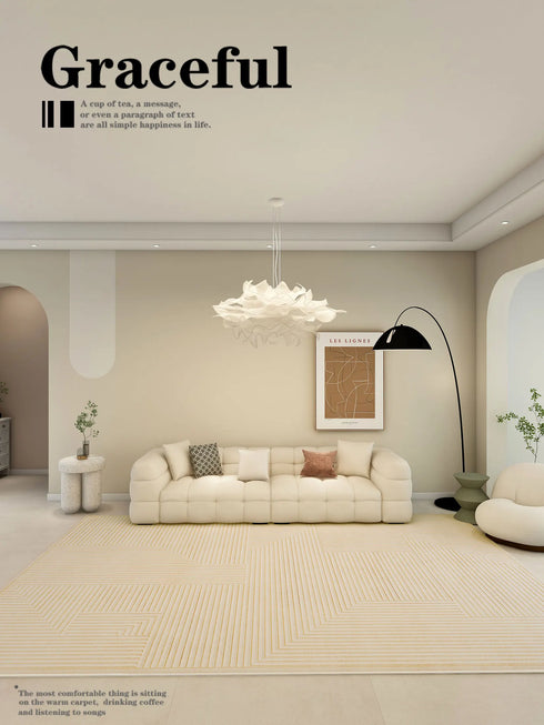 Minimalist Beige Art Stripe Carpet Soft Large Area Rug for Bedroom and Living Room Decor