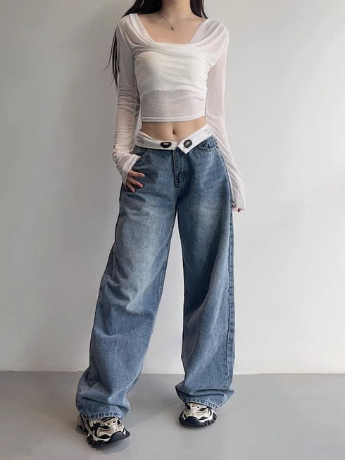 Baggy Wide Leg Vintage Y2K Jeans for Women - Trendy Kpop Gyaru Streetwear High Waist Denim Pants Perfect for Fall Outfits with Jeans and Harajuku Style