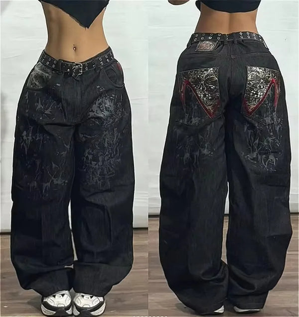 Gothic Wide Leg Jeans for Women - Y2K Harajuku Style High Waist Loose Fit Streetwear Pants Perfect for Fall Outfits and Black Jeans Outfit Inspo
