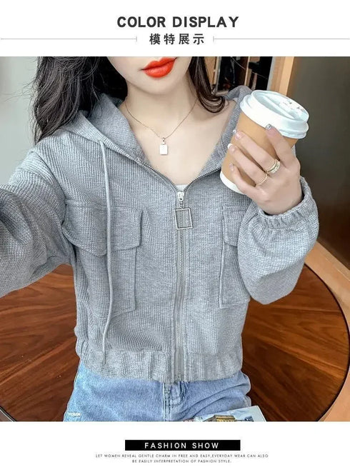 Hooded Spring Jacket for Women Short Summer Thin Zipper Cardigan Loose Work Casual Top
