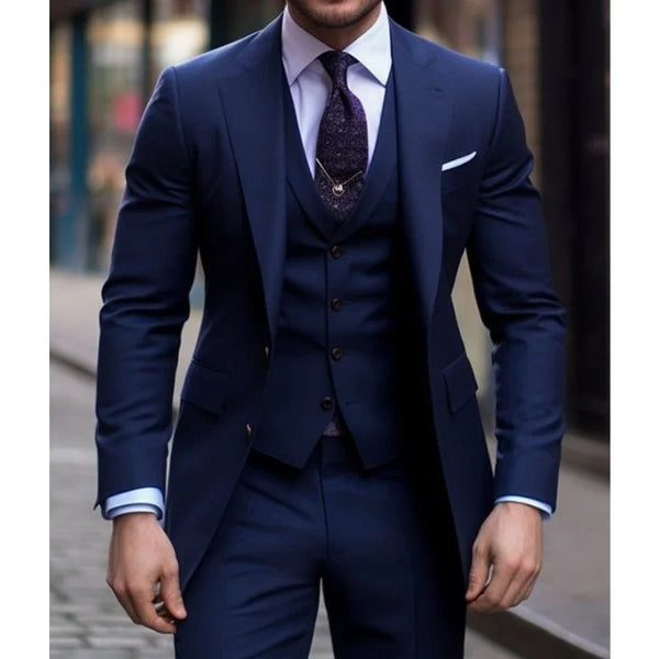 Navy Blue 3 Pieces Casual Male Suits Slim Fit Blazer Tuxedos