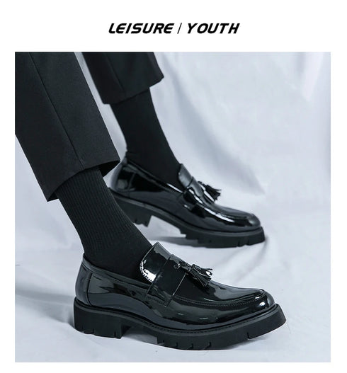 Men's Thick Sole Patent Leather Oxfords - Stylish Slip-On Derby Shoes for Casual and Formal Occasions, Height Increasing Loafers for Ultimate Comfort and Fashion