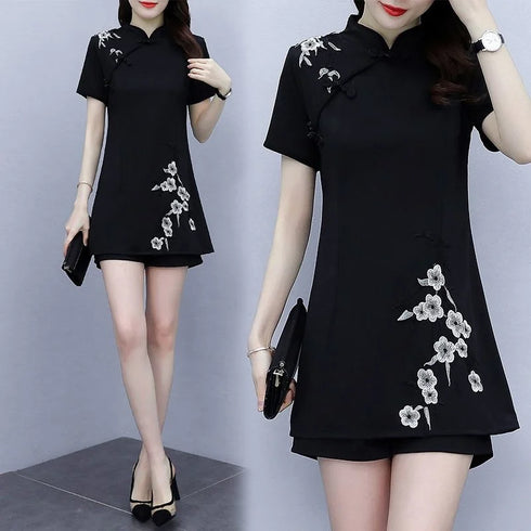 Women's Suit Chinese Style Outfits Matching Crop Top Shorts Two Piece Sets Summer Retro Cheongsam Lady Clothes