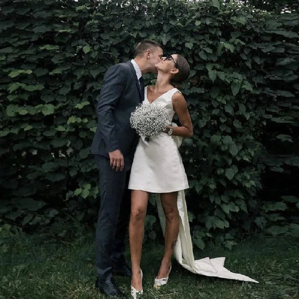 A-Line Satin Short Wedding Dress With Large Bow And V-Neck Lace-Up Back Boho Style