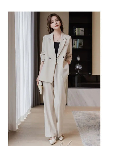 Elegant Women's Casual Blazers Coat and Wide Leg Pants Set - Professional Two Piece Suit for Autumn Style and Comfort