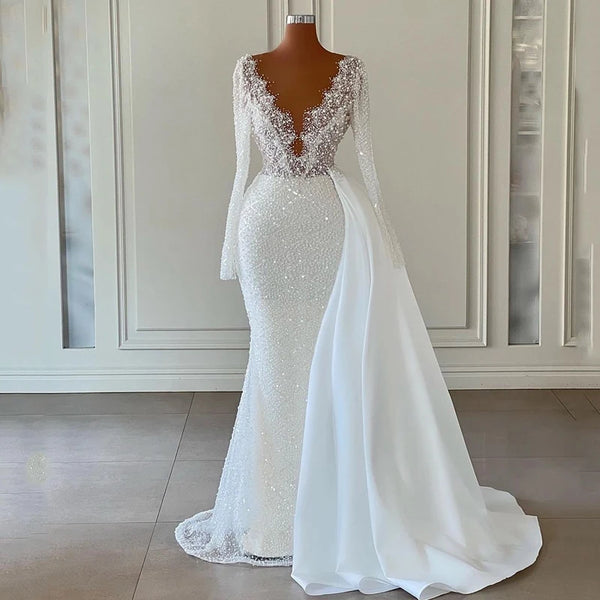 Eightre White Mermaid Wedding Dresses Boho Sequines Bride Gown