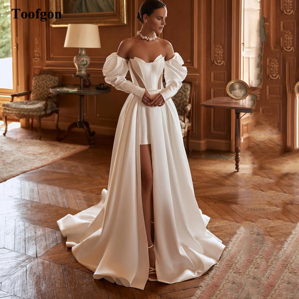 Toofgon Satin Wedding Dresses Detachable Long Sleeves Gowns