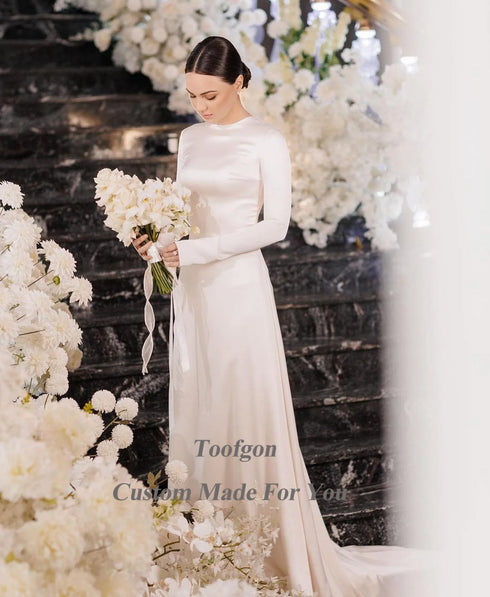 Modest Muslim Wedding Dresses For Bride High Neck Long Sleeves