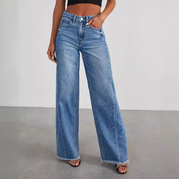 Casual Women's Wide Leg Jeans with Frayed Hem and Side Seam Stitching - Perfect for Spring and Summer Outfits, Ideal for Styling Wide Leg Jeans and Outfit Ideas with Jeans