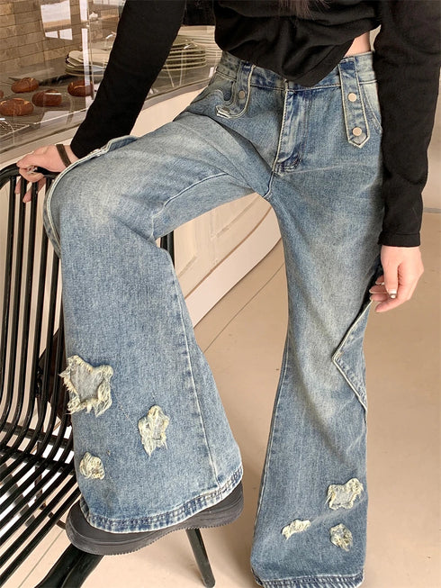 Fashion Blue Denim Pants Women Embroidery Star High Waist Slim Bell Bottoms Streetwear Vintage Kpop