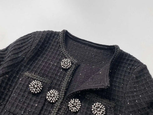 Luxury Autumn Double Breasted Beading Diamonds Mini Knit Dress for Women