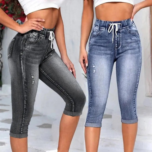 Casual Summer Denim Jeggings for Women - Stylish 3/4 Short Jeans Pants and Breeches with High Waist Design - Perfect for Vintage Mom Looks and Harajuku Fashion - Trendy Black Jeans Outfit Inspo