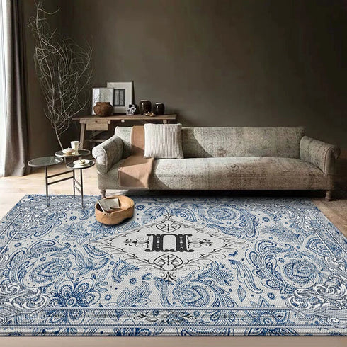 Classical Elegant Blue Rug for Retro Living Room and Bedroom Carpet Decoration
