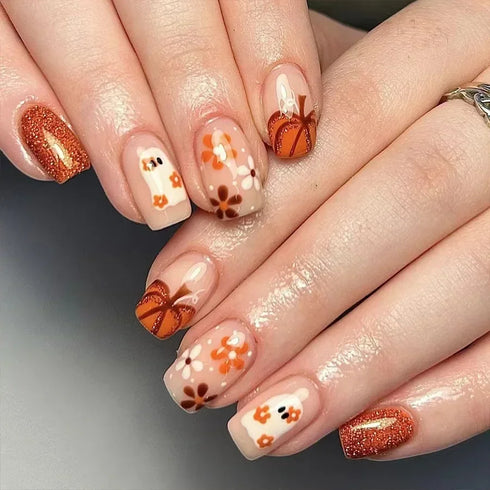 24pcs Halloween-Themed Short Square Press-On Nails with Fun Ghost, Bat, and Spider Web Designs - Perfect Fake Nail Set for Women and Girls