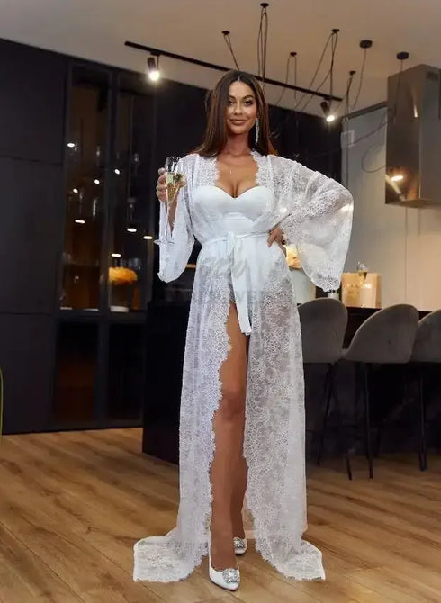 Lace Wedding Robe Floor Length Long Sleeve Bridal Gown For Honeymoon And Wedding Day