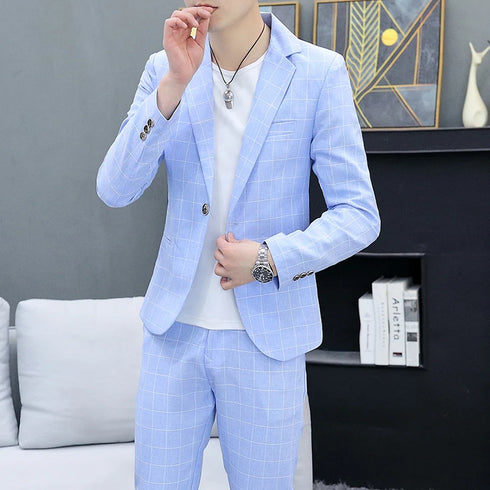 Korean Slim Fit Two-Piece Suit Set for Men Casual Trendy British Style Coat and Trousers