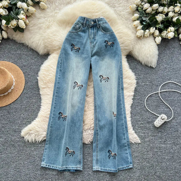 Denim Jeans For Women Embroidered Pockets Empire Waist Straight Leg Casual Pants