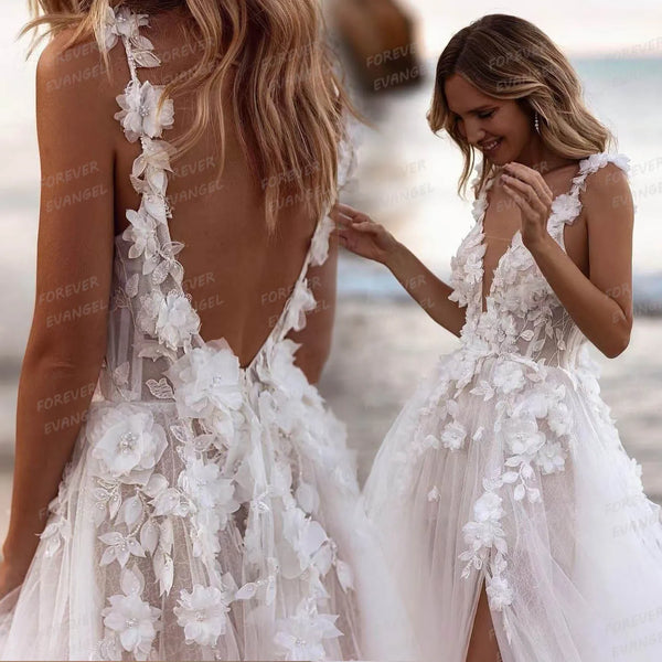 Princess Appliques Wedding Dresses A-Line Sleeveless V Neck Gowns