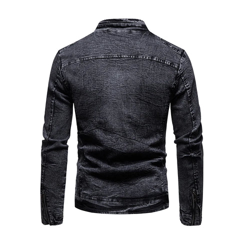 Men's Retro Slim Fit Jean Jacket with Stand Collar for Autumn and Winter - Stylish Casual Motorcycle Outerwear