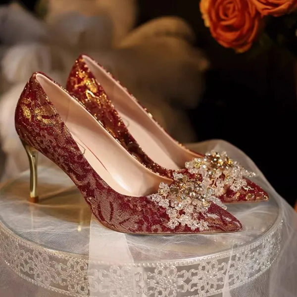 Women's Fashion Thin Heel Single Shoes Pointy Head Slip-on Wedding Pumps