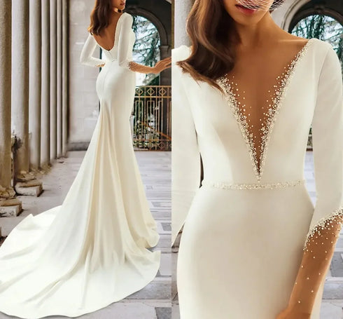 Flavinke Customized Sexy Women's Mermaid Wedding Dresses V-Neck Backless Long Sleeve Bridal Dress