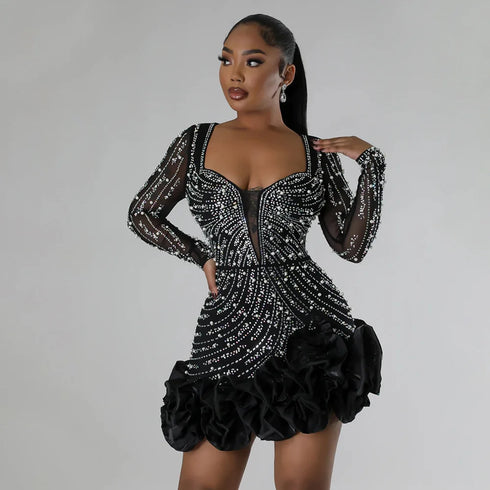 Long Sleeve V Neck Transparent Club Dress with Diamonds