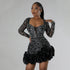 Long Sleeve V Neck Transparent Club Dress with Diamonds