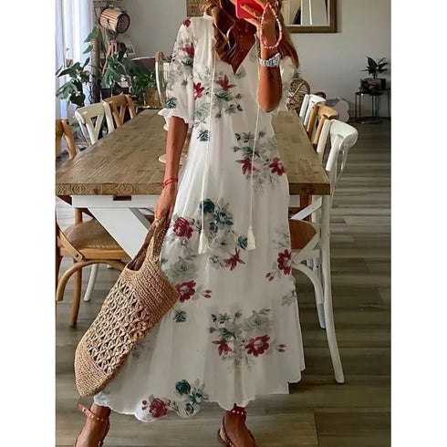 Floral Print Casual Dress for Women V Neck Half Sleeves Bohemian Holiday Beach Style