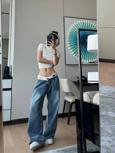 Baggy Wide Leg Vintage Y2K Jeans for Women - Trendy Kpop Gyaru Streetwear High Waist Denim Pants Perfect for Fall Outfits with Jeans and Harajuku Style