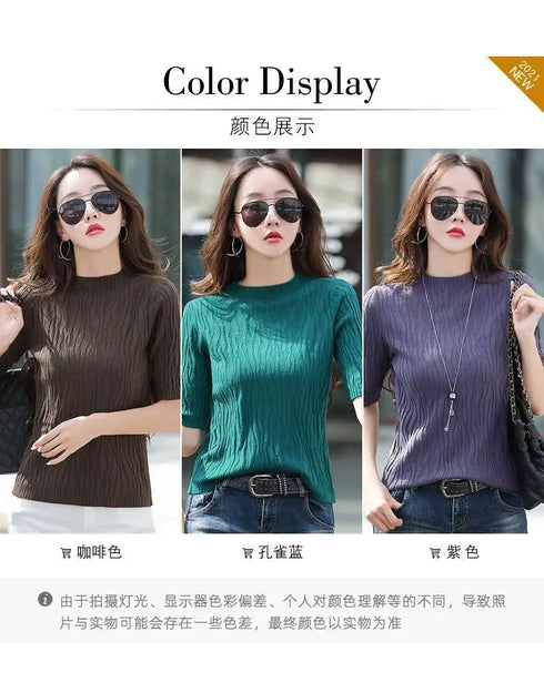 Half Turtleneck Ice Silk T-shirt Women's Sweater Mid-sleeved Temperament Versatile Top Fashionable Inner Wear Summer New Style