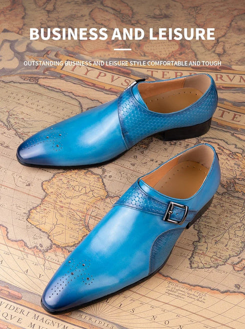 Elegant Handmade Leather Monk Loafer Shoes for Men - Breathable Formal Dress Footwear with Pointed Toe Design, Ideal for Daily Wear and Special Occasions