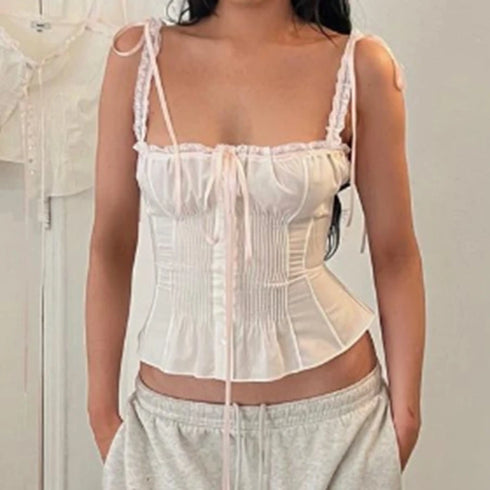Kawaii Y2K Crop Tops with Ribbons and Lace Trim - Vintage Women's Slim Fit Camisole and Button Up Tank Top for Cute Summer Outfits