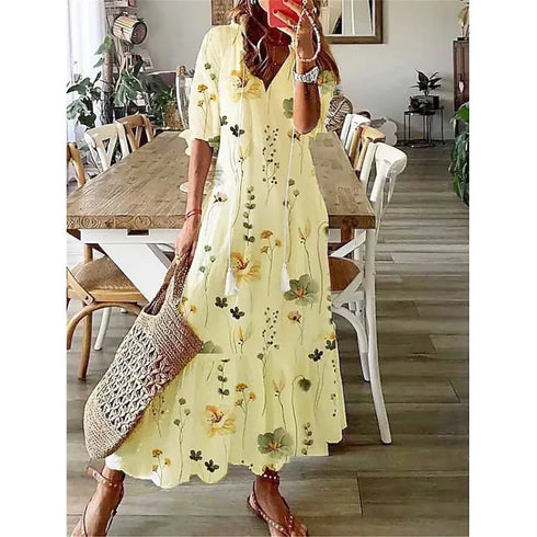 Floral Print Casual Dress for Women V Neck Half Sleeves Bohemian Holiday Beach Style