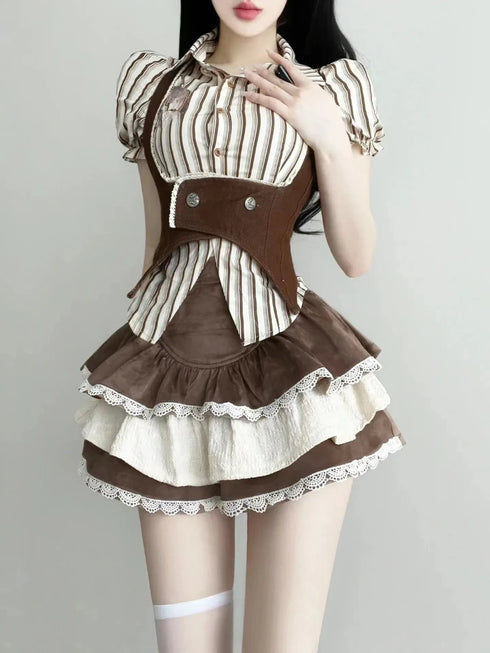 Fashion Vintage Y2K 3 Piece Set Summer Striped Shirt Slim Vest Lace Mini Skirt Women's Chic Outfit