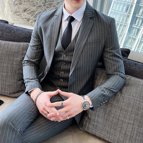 ( Jacket + Vest + Pants ) Prom Groom Tuxedos Male Wedding Suits 3Pcs Set Men's Striped Casual Business Suit