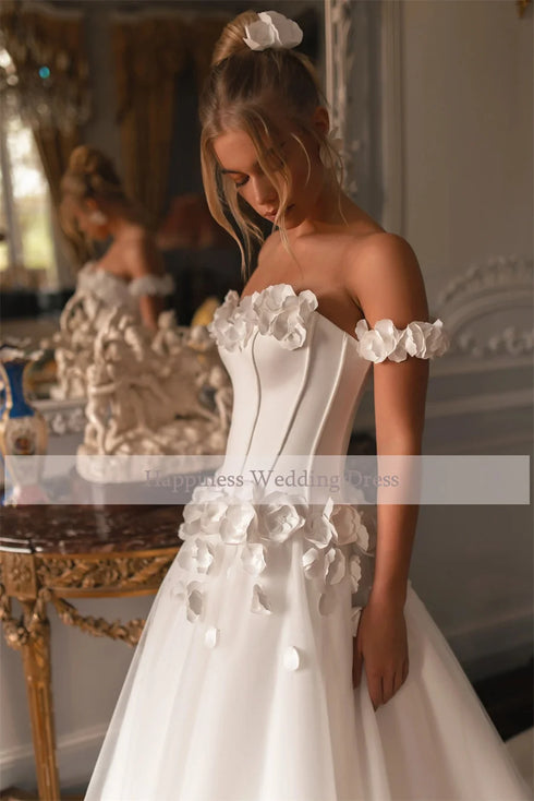 Customized Sweetheart 3D Flowers Cap Sleeve Wedding Dress
