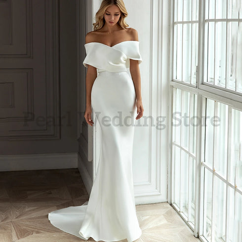 White Detachable Trailing Wedding Dress Mermaid Off the Shoulder Gowns
