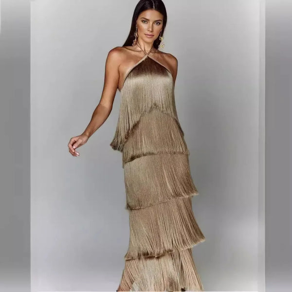 Fashion Neck Fringed Backless Slit Dress for Women Casual