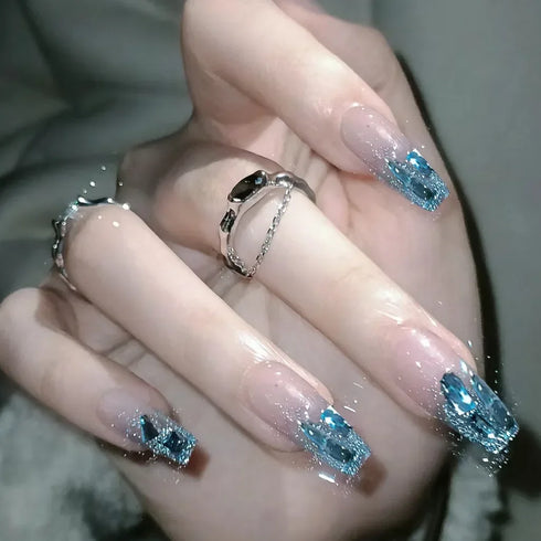 24Pcs Long Acrylic Ballet Fake Nails with Rhinestone Chain Design - Full Cover Press-On Nail Tips for Stylish Nail Art Enthusiasts