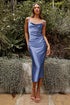 Elegant Satin Cowl Neck Sleeveless Midi Dress With Side Slit Spaghetti Straps Bridesmaids Dress