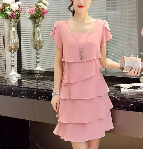 Dress for Women Summer Wave Cut Ruffle Short Sleeve Casual Chiffon