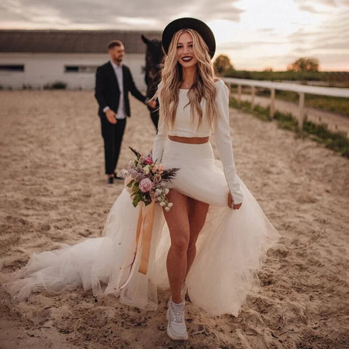 Customized Two-Piece Bohemian Jersey Wedding Dress Casual Bridal Dress