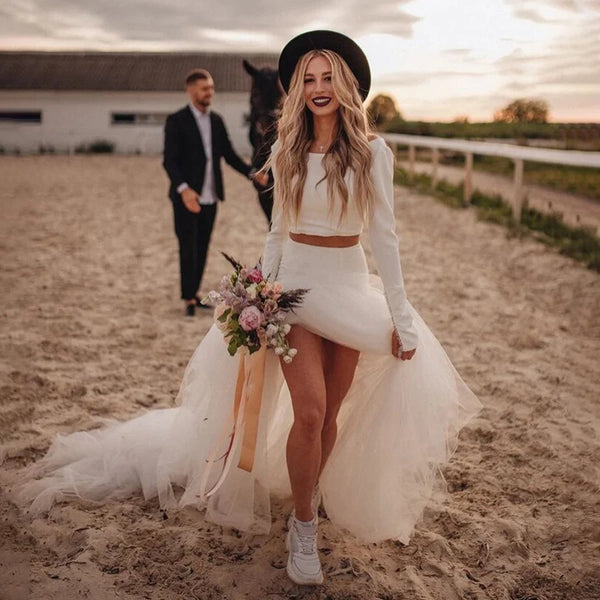 Customized Two-Piece Bohemian Jersey Wedding Dress Casual Bridal Dress