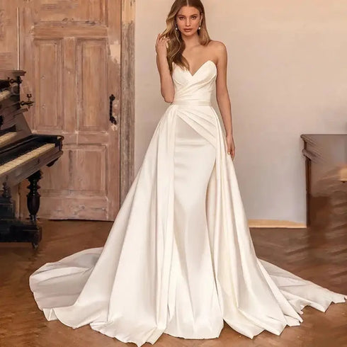 Customized 2 In 1 Detachable Train Wedding Dress Satin Mermaid Bride Gowns