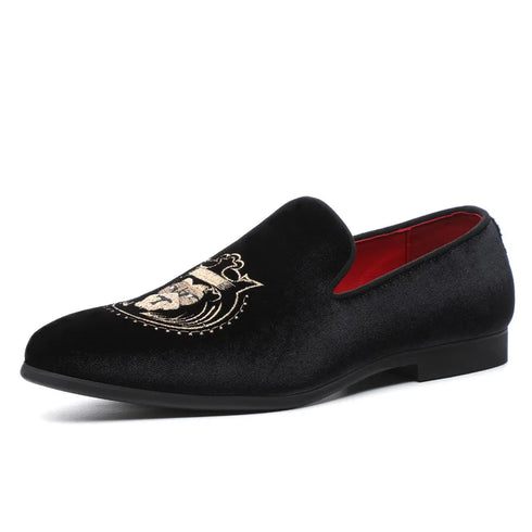 Luxury Pointed Toe Velvet Loafers for Men - Elegant Casual and Formal Dress Footwear with Embroidery Details for Weddings and Special Occasions