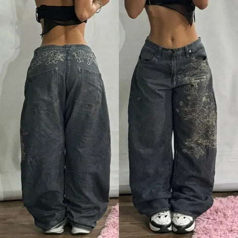 Gothic Vintage Baggy Jeans for Women - Stylish Wide Leg Trousers Perfect for Casual Streetwear and Fall Outfits with Jeans